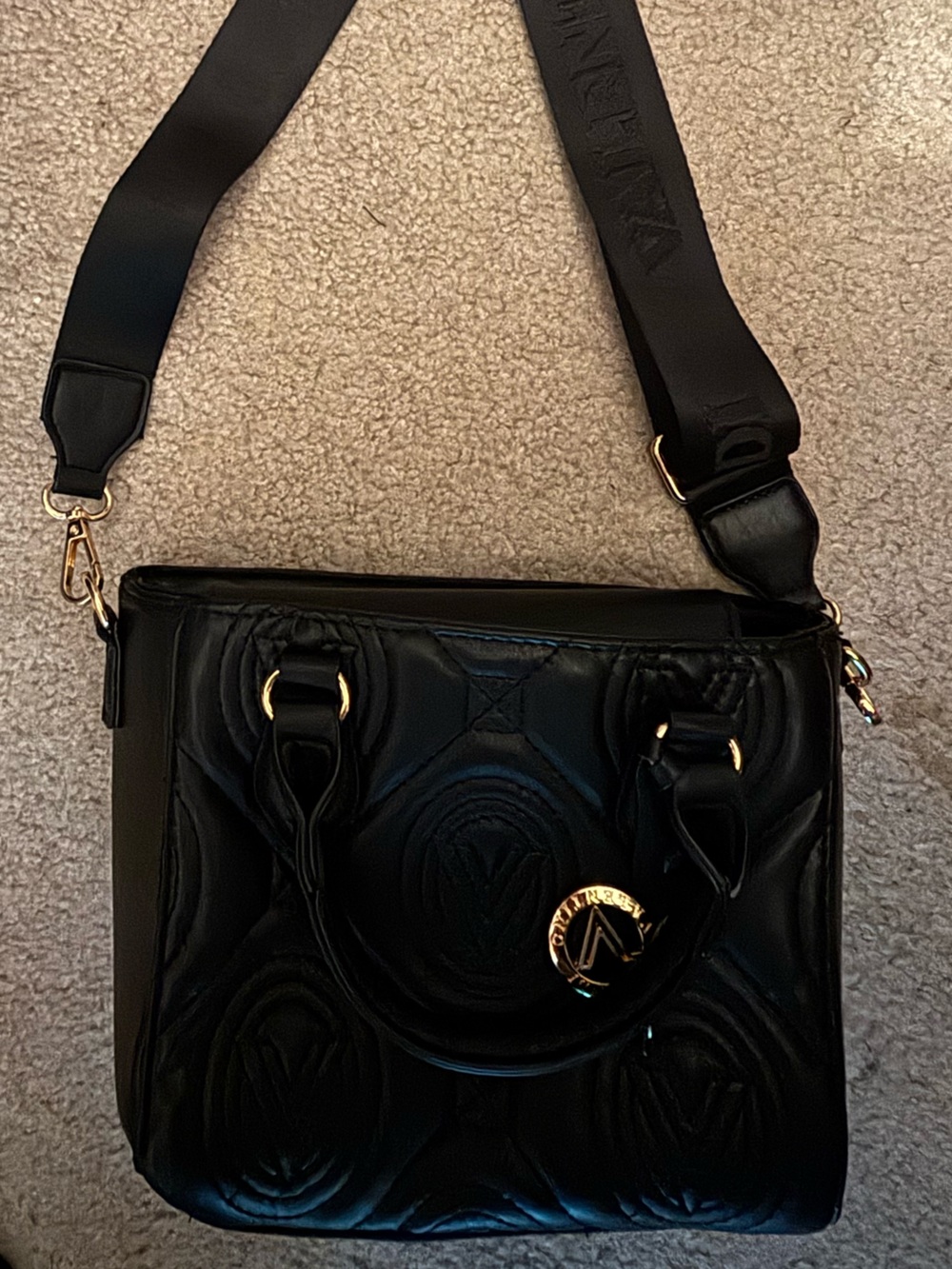 Valentino Orlandi Black Quilted Messenger Bag with Gold Accents